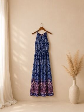 Blue Boho Maxi Dress • Paisley Sleeveless Slit Dress Small